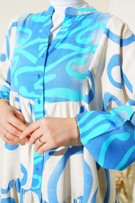 Yarım Düğmeli Etnik Desen Kat Elbise Mavi - Tesettür Elbise