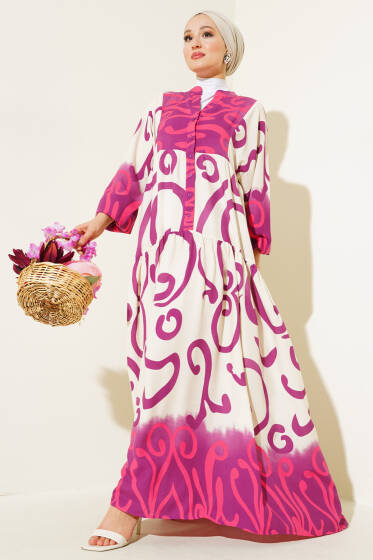 Yarım Düğmeli Etnik Desen Kat Elbise Mor - Elbise