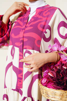 Yarım Düğmeli Etnik Desen Kat Elbise Mor - Tesettür Elbise