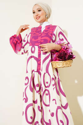 Yarım Düğmeli Etnik Desen Kat Elbise Mor - Tesettür Elbise