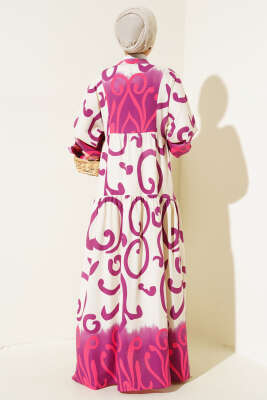 Yarım Düğmeli Etnik Desen Kat Elbise Mor - Tesettür Elbise