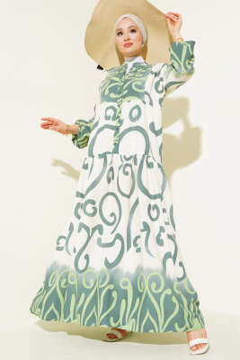 Yarım Düğmeli Etnik Desen Kat Elbise Pers Yeşili - BIGDART