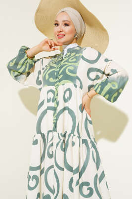 Yarım Düğmeli Etnik Desen Kat Elbise Pers Yeşili - Tesettür Elbise