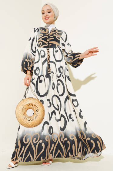 Yarım Düğmeli Etnik Desen Kat Elbise Siyah - Elbise