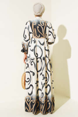 Yarım Düğmeli Etnik Desen Kat Elbise Siyah - Tesettür Elbise