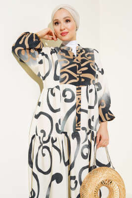 Yarım Düğmeli Etnik Desen Kat Elbise Siyah - Tesettür Elbise