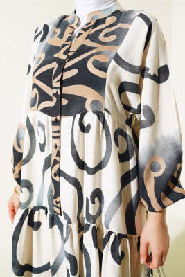 Yarım Düğmeli Etnik Desen Kat Elbise Siyah - Tesettür Elbise