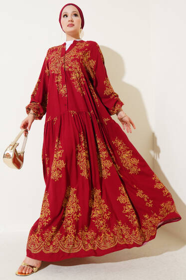 Yarım Düğmeli Etnik Desenli Viskon Elbise Bordo - Elbise
