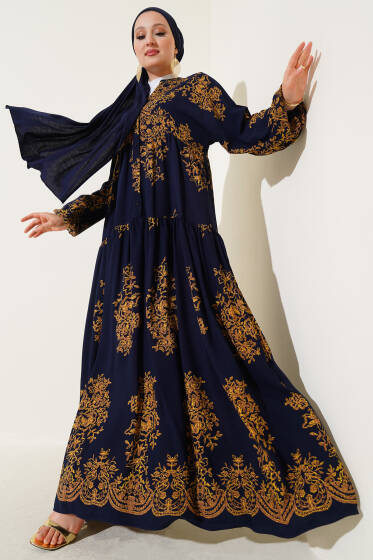 Yarım Düğmeli Etnik Desenli Viskon Elbise Lacivert - Elbise