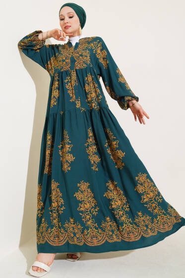 Yarım Düğmeli Etnik Desenli Viskon Elbise Zümrüt - Elbise