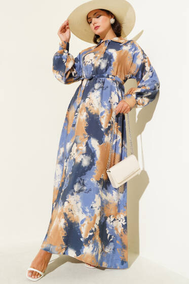 Yarım Düğmeli Fırça Desen Elbise Camel - Elbise