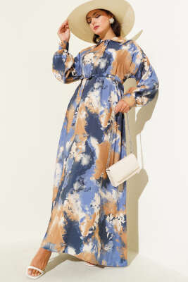 Yarım Düğmeli Fırça Desen Elbise Camel - Tesettür Elbise