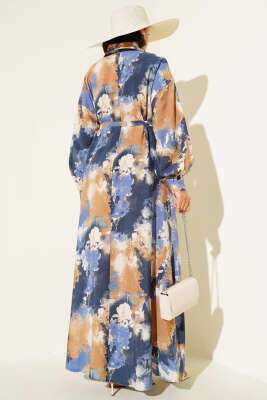 Yarım Düğmeli Fırça Desen Elbise Camel - Tesettür Elbise