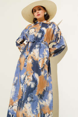 Yarım Düğmeli Fırça Desen Elbise Camel - Tesettür Elbise