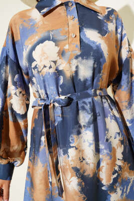 Yarım Düğmeli Fırça Desen Elbise Camel - Tesettür Elbise