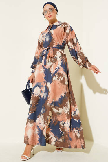 Yarım Düğmeli Fırça Desen Elbise Gül Kurusu - Elbise