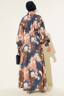 Yarım Düğmeli Fırça Desen Elbise Gül Kurusu - Tesettür Elbise