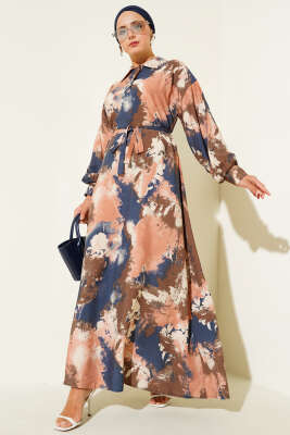 Yarım Düğmeli Fırça Desen Elbise Gül Kurusu 