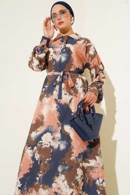 Yarım Düğmeli Fırça Desen Elbise Gül Kurusu - Tesettür Elbise