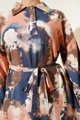 Yarım Düğmeli Fırça Desen Elbise Gül Kurusu - Tesettür Elbise