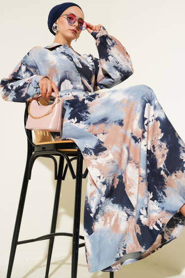 Yarım Düğmeli Fırça Desen Elbise Mavi - Elbise