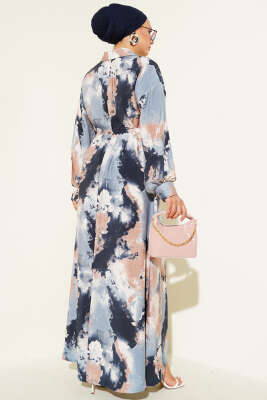 Yarım Düğmeli Fırça Desen Elbise Mavi - Tesettür Elbise