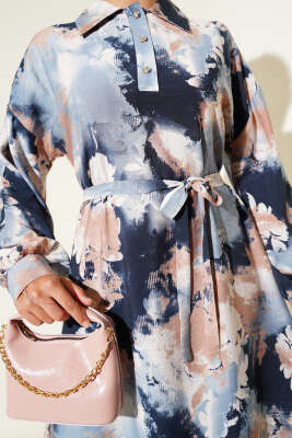 Yarım Düğmeli Fırça Desen Elbise Mavi - Tesettür Elbise