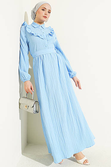 Yarım Düğmeli Fırfırlı Krinkıl Elbise Bebe Mavi - Elbise