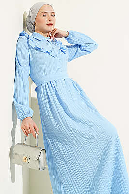 Yarım Düğmeli Fırfırlı Krinkıl Elbise Bebe Mavi - Elbise