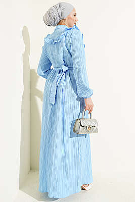 Yarım Düğmeli Fırfırlı Krinkıl Elbise Bebe Mavi - Elbise