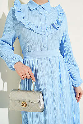 Yarım Düğmeli Fırfırlı Krinkıl Elbise Bebe Mavi - Elbise