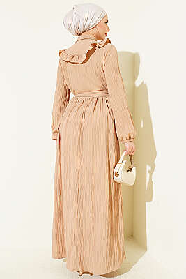 Yarım Düğmeli Fırfırlı Krinkıl Elbise Bej - Elbise