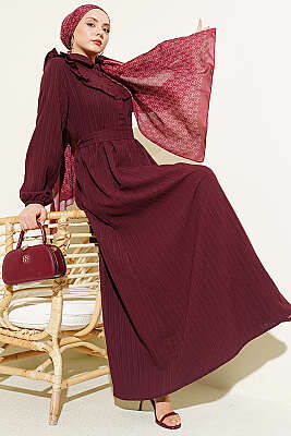 Yarım Düğmeli Fırfırlı Krinkıl Elbise Bordo - ASMİN