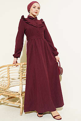 Yarım Düğmeli Fırfırlı Krinkıl Elbise Bordo - Elbise