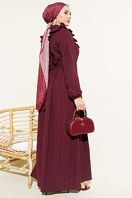 Yarım Düğmeli Fırfırlı Krinkıl Elbise Bordo - Elbise