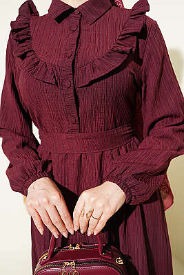 Yarım Düğmeli Fırfırlı Krinkıl Elbise Bordo - Elbise