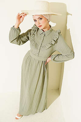 Yarım Düğmeli Fırfırlı Krinkıl Elbise Çağla Yeşili - ASMİN