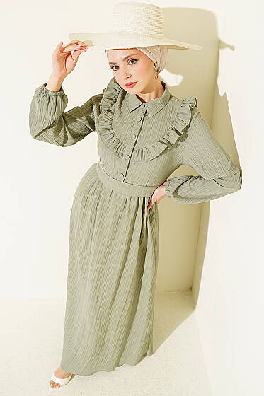 Yarım Düğmeli Fırfırlı Krinkıl Elbise Çağla Yeşili - Elbise