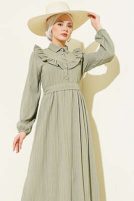 Yarım Düğmeli Fırfırlı Krinkıl Elbise Çağla Yeşili - Elbise