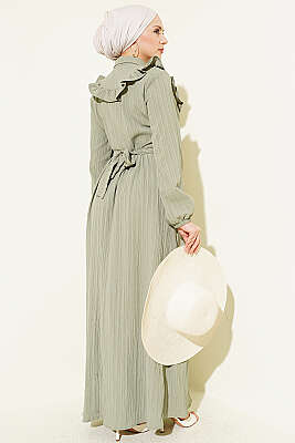 Yarım Düğmeli Fırfırlı Krinkıl Elbise Çağla Yeşili - Elbise