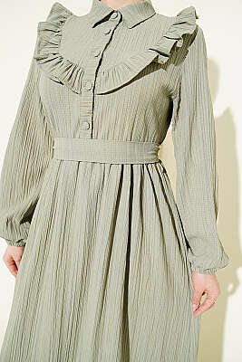 Yarım Düğmeli Fırfırlı Krinkıl Elbise Çağla Yeşili - Elbise