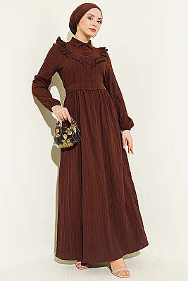 Yarım Düğmeli Fırfırlı Krinkıl Elbise Kahve - ASMİN