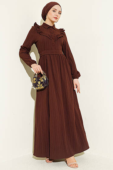 Yarım Düğmeli Fırfırlı Krinkıl Elbise Kahve - Elbise