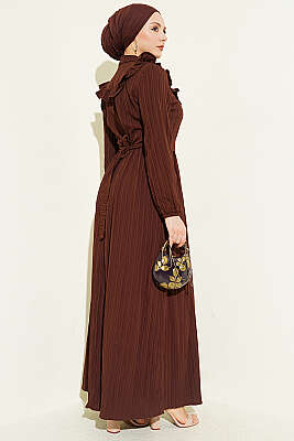 Yarım Düğmeli Fırfırlı Krinkıl Elbise Kahve - Elbise