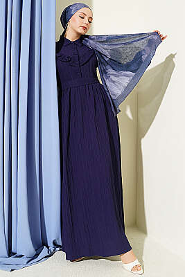 Yarım Düğmeli Fırfırlı Krinkıl Elbise Lacivert - ASMİN