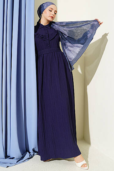 Yarım Düğmeli Fırfırlı Krinkıl Elbise Lacivert - Elbise