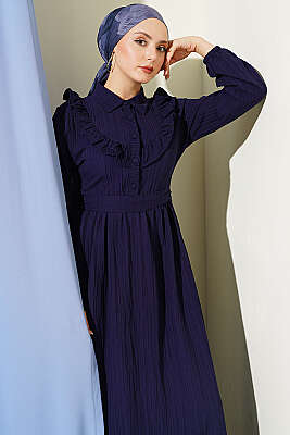 Yarım Düğmeli Fırfırlı Krinkıl Elbise Lacivert - Elbise