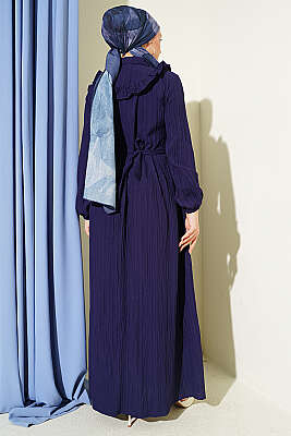 Yarım Düğmeli Fırfırlı Krinkıl Elbise Lacivert - Elbise