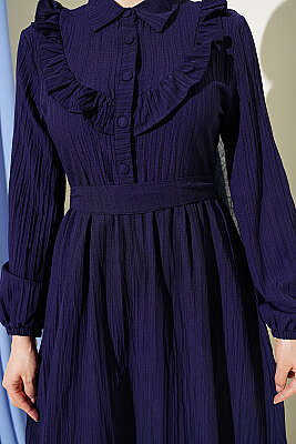 Yarım Düğmeli Fırfırlı Krinkıl Elbise Lacivert - Elbise