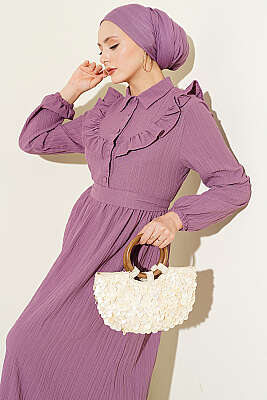 Yarım Düğmeli Fırfırlı Krinkıl Elbise Lila - ASMİN